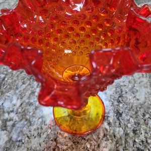 Amber red glass hobnail Fenton candy dish